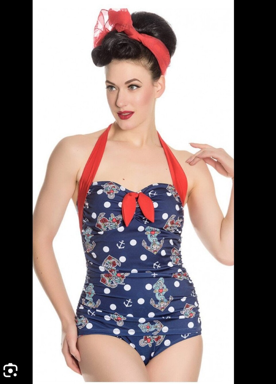 Hell Bunny Navy Polka Dot Retro One-Piece Swimsuit with Red Halterone Piece LG